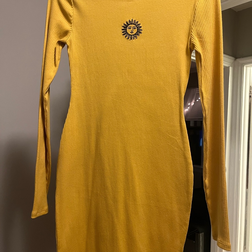 wild fable Long Sleeve Ribbed Mustard Bodycon Dress with Sun Patch